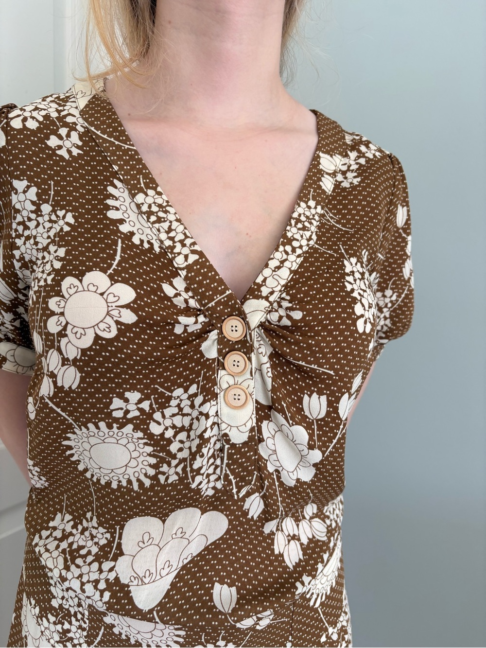Vintage Jane Mayle Maison Mayle Brown Floral V-Neck Button Front silk dress